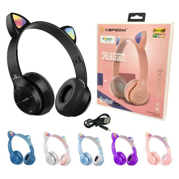 Fone de Ouvido Bluetooth Gatinho Infantil LED
